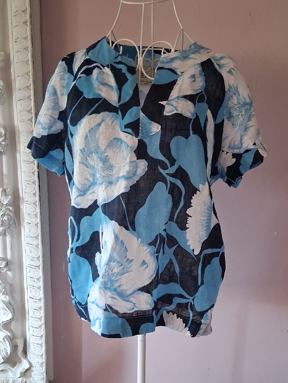 Elie Tahari Blue Floral 100% Linen Split Neck Blouse Top - Size PM/TPM [petite]